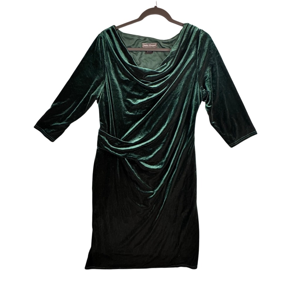Jessica‎ Howard Emerald Green Velvet Cowl Neck Sheath Dress 14 Holiday Cocktail